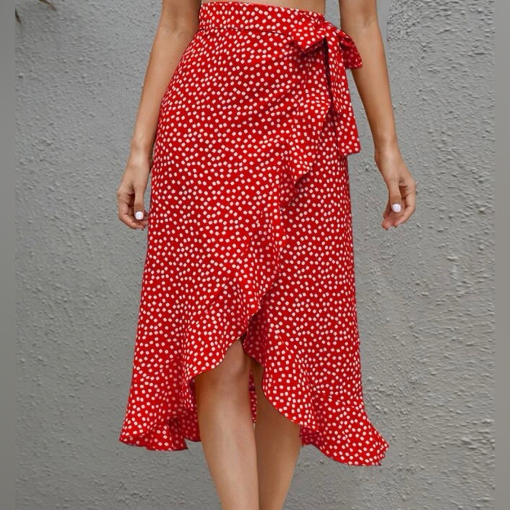 SHEIN Clasi Ruffle Trim Wrap Knot Side Skirt